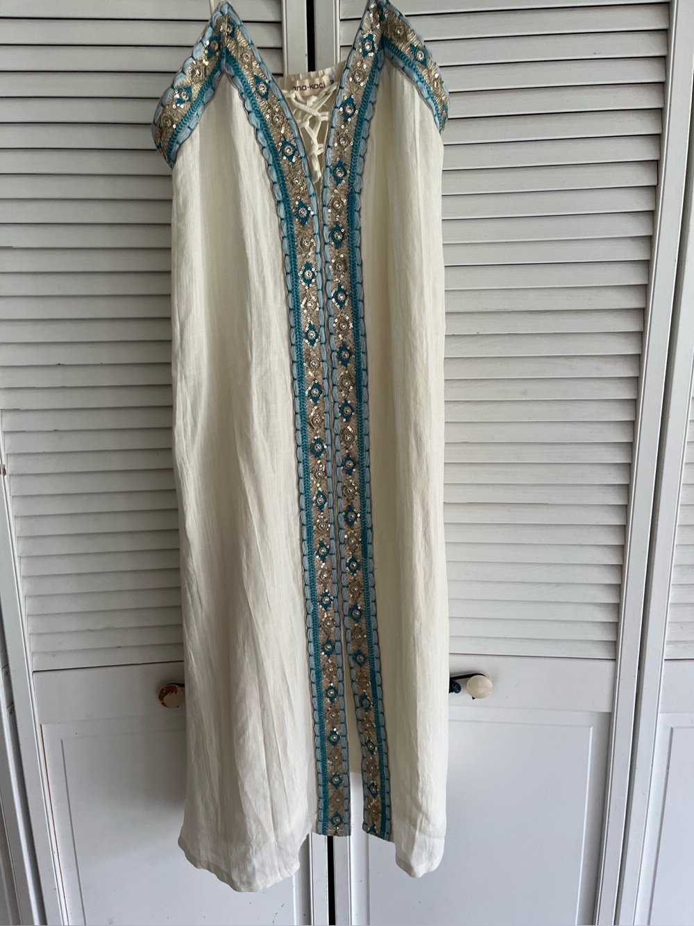 White Maxi Dress with Teal and Gold Embroidered Trim